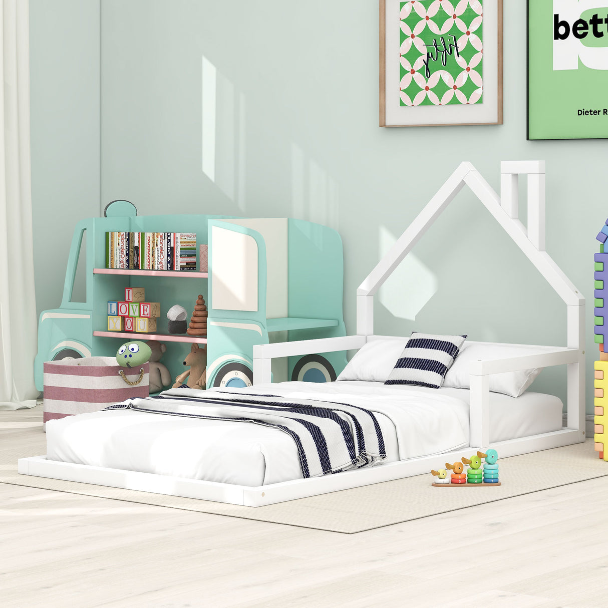 Twin Size Wood Floor Bed with House-shaped Headboard White