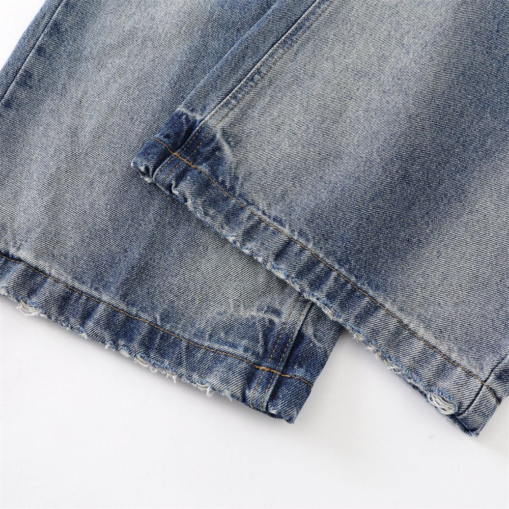 Washed Faded Denim Long Pants Clean Fit Punk Loose Wide Leg Dad Trousers Men's Distressed Ripped Straight Leg Jeans - V.I.P Digital Presence