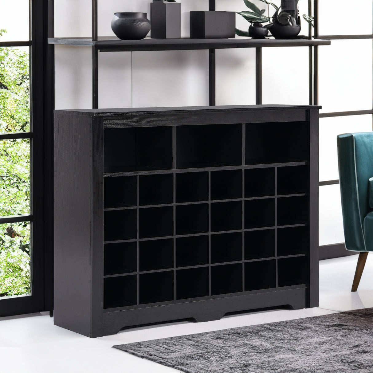 ONTREND Sleek Design 24 shoe cabinet, modern shoe cabinet with curved base, high-quality multifunctional side panel, black - V.I.P Digital Presence