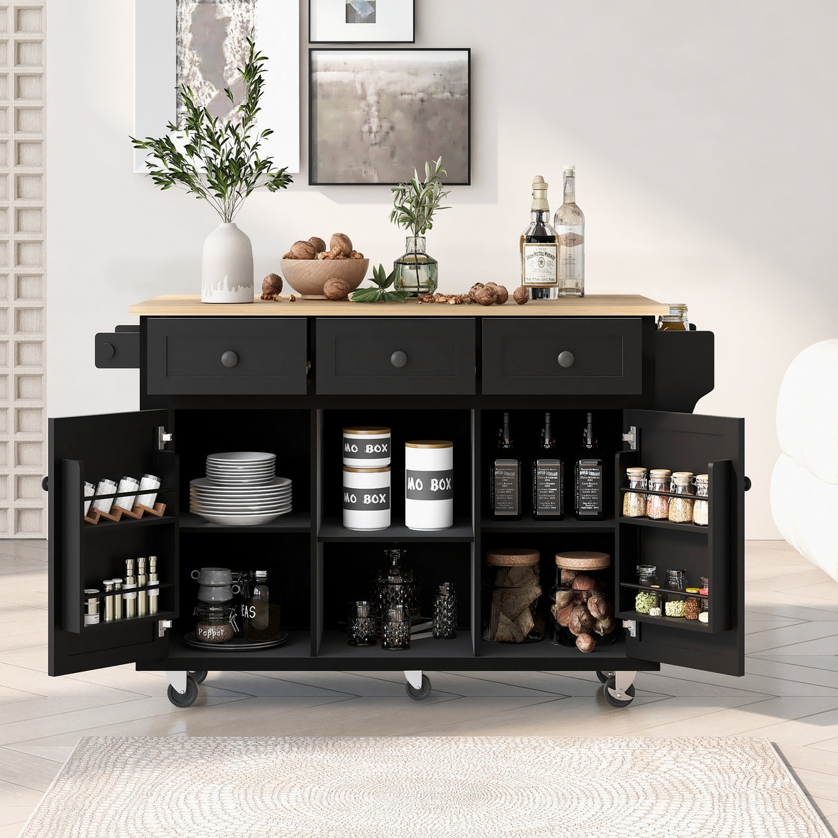 Kitchen trolley with rubber wood leaf countertop, 5-wheel kitchen island, storage cabinet and 3 dining drawers, black - V.I.P Digital Presence