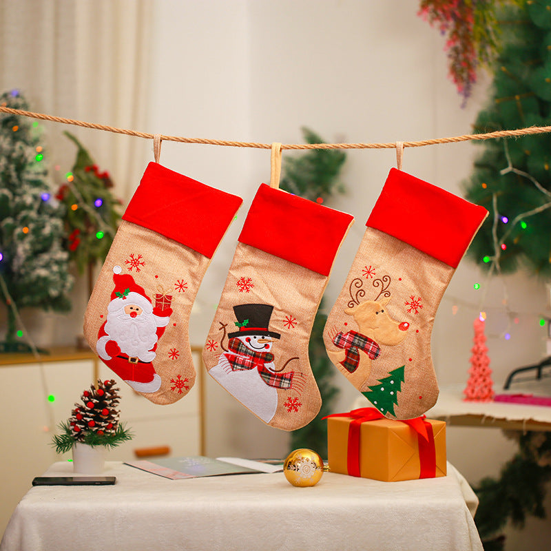 Christmas Decoration Linen Red Bordered Old Man Snowman Christmas Socks Christmas Gift Bag Candy Socks - V.I.P Digital Presence