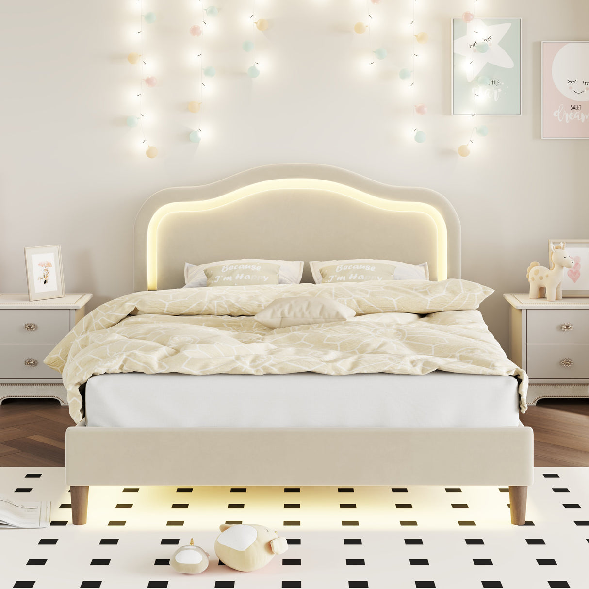 Full Size Velvet Upholstered Smart LED Bed Frame with Adjustable Height Headboard,No Box Spring Needed,Easy Assembly,Beige - V.I.P Digital Presence