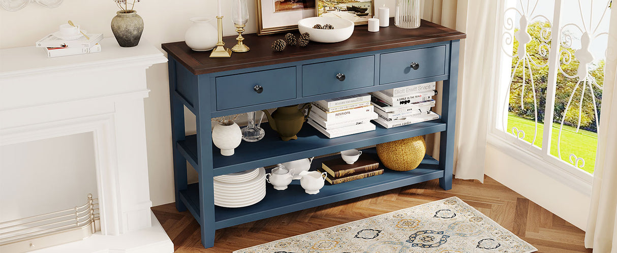 Retro Design Console Table with Two Open Shelves, Pine Solid Wood Frame and Legs for Living Room (Antique Navy+Espresso) - V.I.P Digital Presence