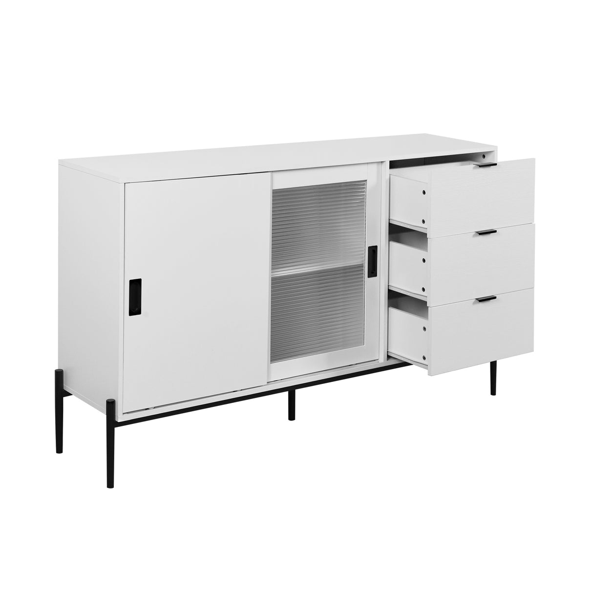 Modern characteristic storage cabinet side panel with glass sliding door and 3 drawers, dining table cabinet in white color - V.I.P Digital Presence