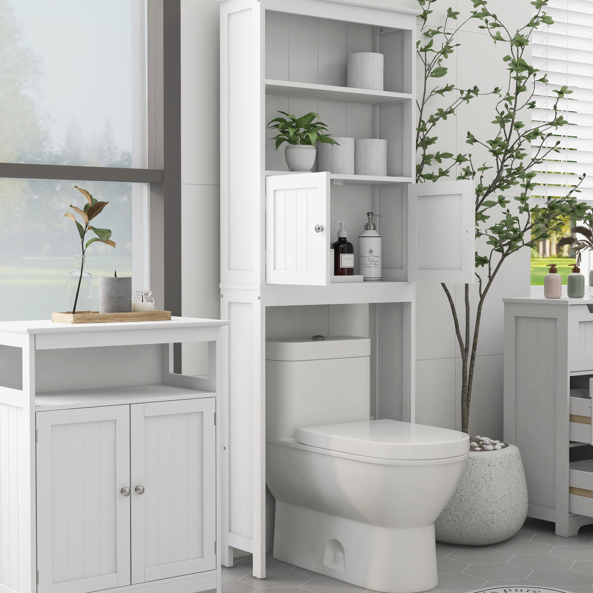 Over The Toilet Rack 2 -Tier Toilet Bathroom Spacesaver Storage Shelf with 2 Doors Wood Storage Organizer Cabinet - V.I.P Digital Presence