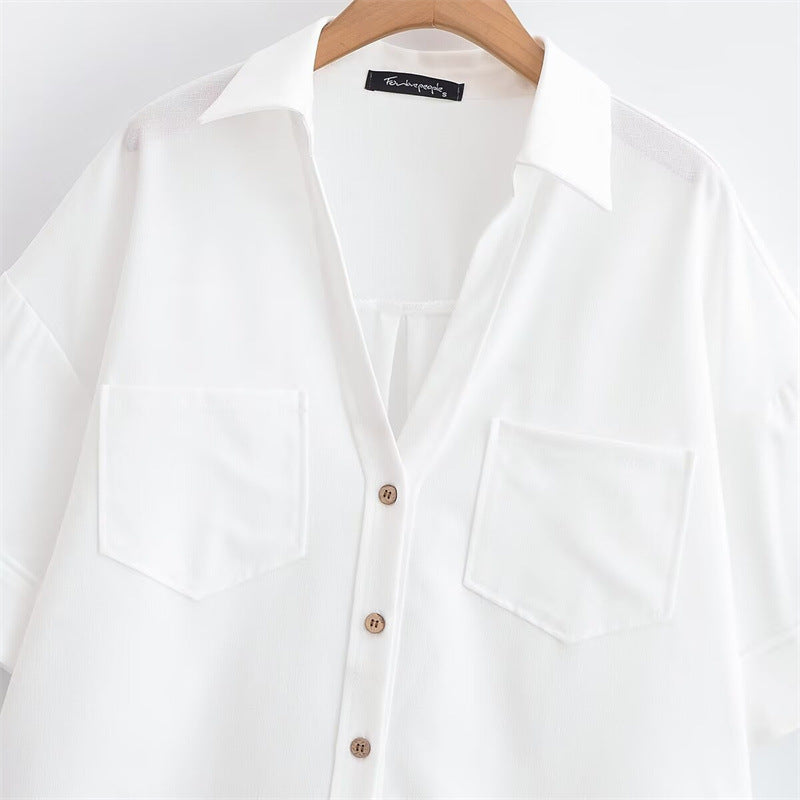 Elegant Style Women's Fashion Casual Versatile V-Neck Short Sleeve Crop Shirt - V.I.P Digital Presence