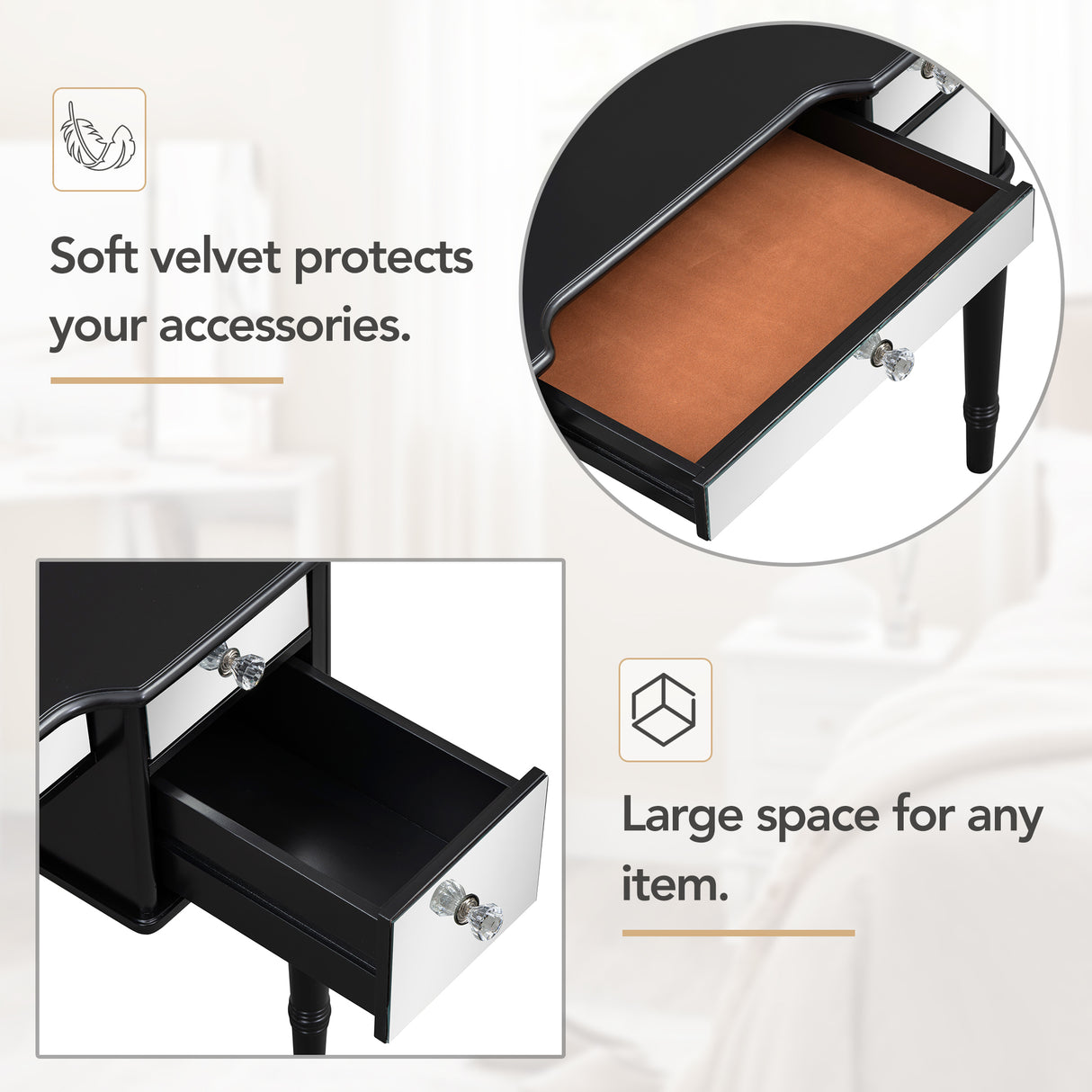 GO 43" Dressing Table Set with Mirrored Drawers and Stool, Tri-fold Mirror, Makeup Vanity Set for Bedroom, Black - V.I.P Digital Presence