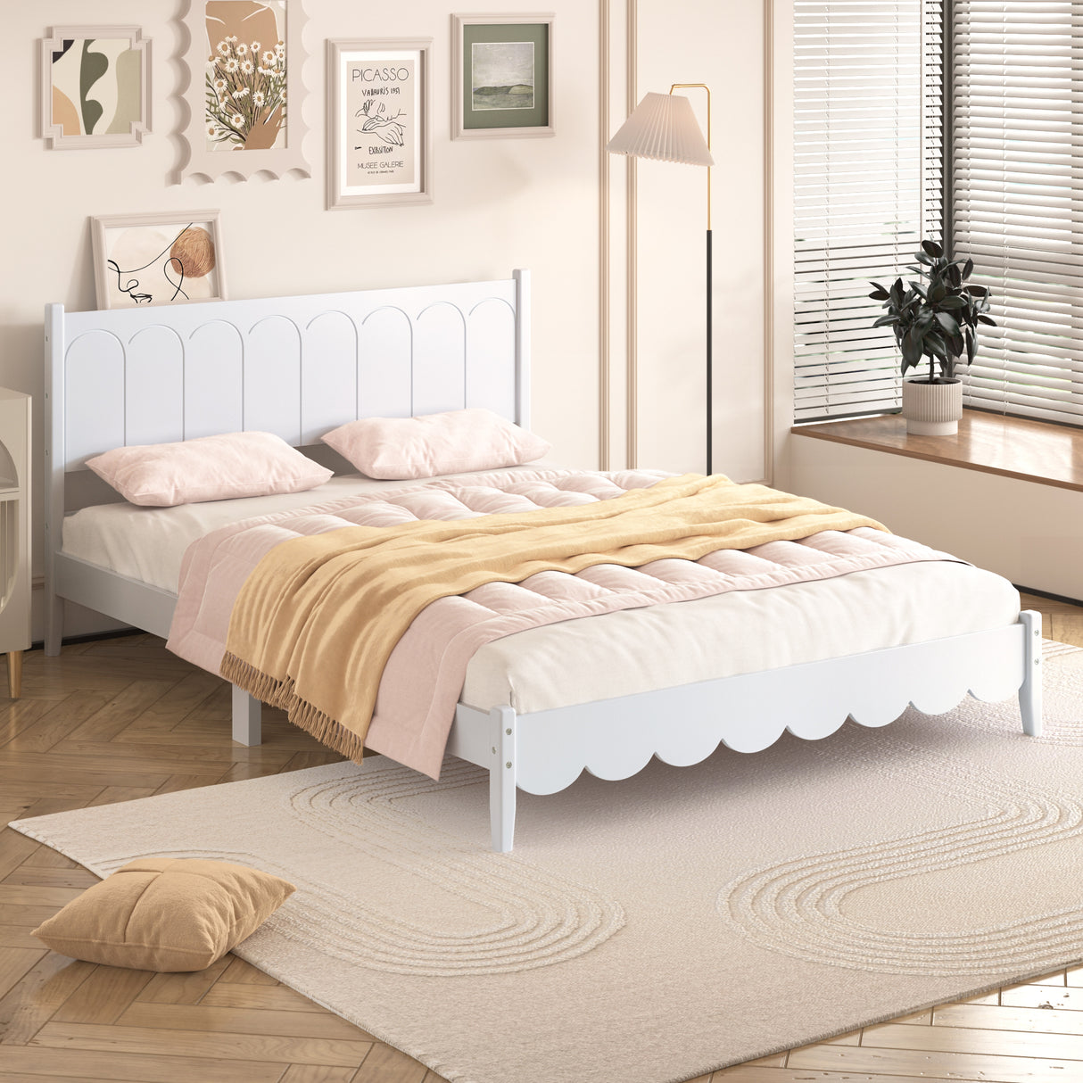 Queen Size Wood Platform Bed Frame, Retro Style Bed with Rectangular Headboard,No Need Box Spring,White - V.I.P Digital Presence