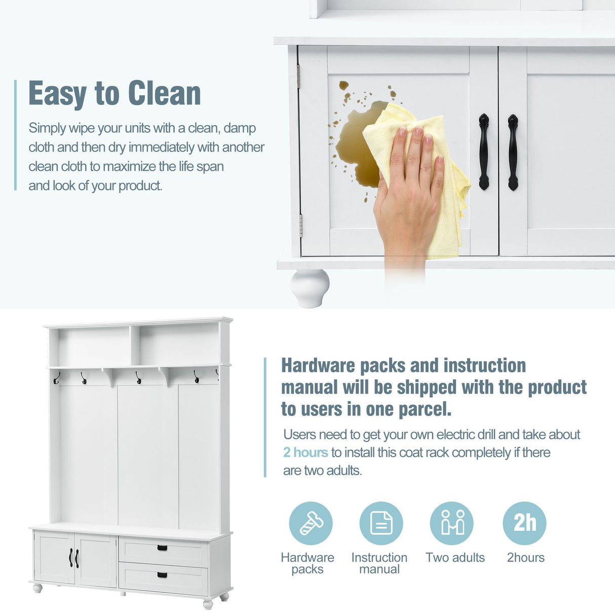 ON-TREND Modern Style Hall Tree with Storage Cabinet and 2 Large Drawers, Widen Mudroom Bench with 5 Coat Hooks, White - V.I.P Digital Presence