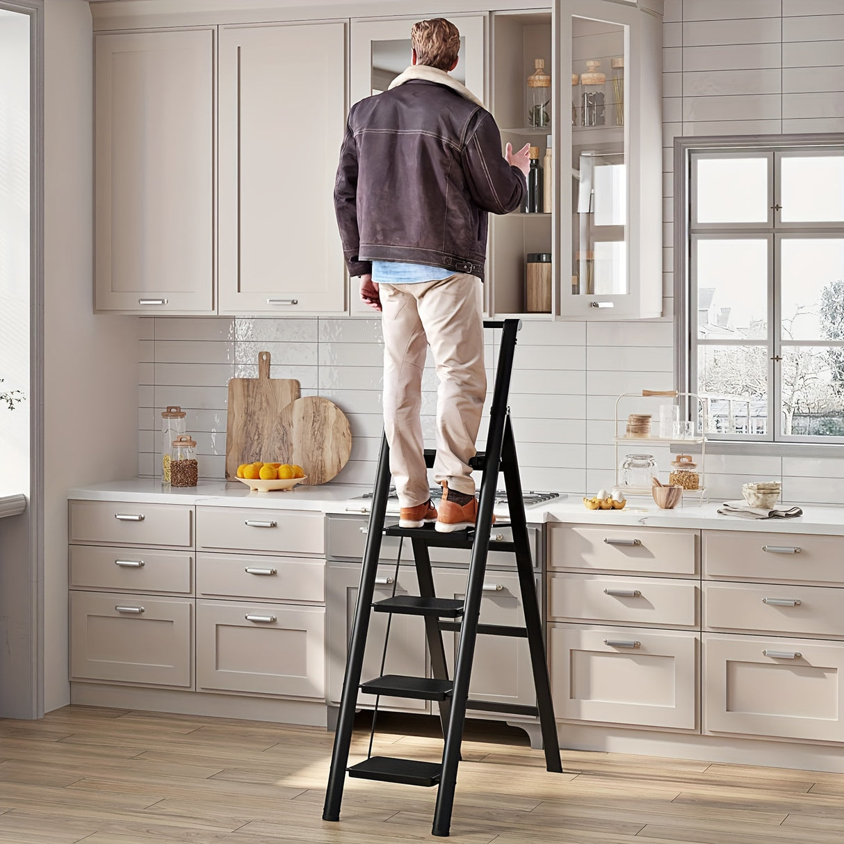 5-step ladder folding stool with anti slip wide pedals, lightweight and easy to carry handle folding ladder - V.I.P Digital Presence
