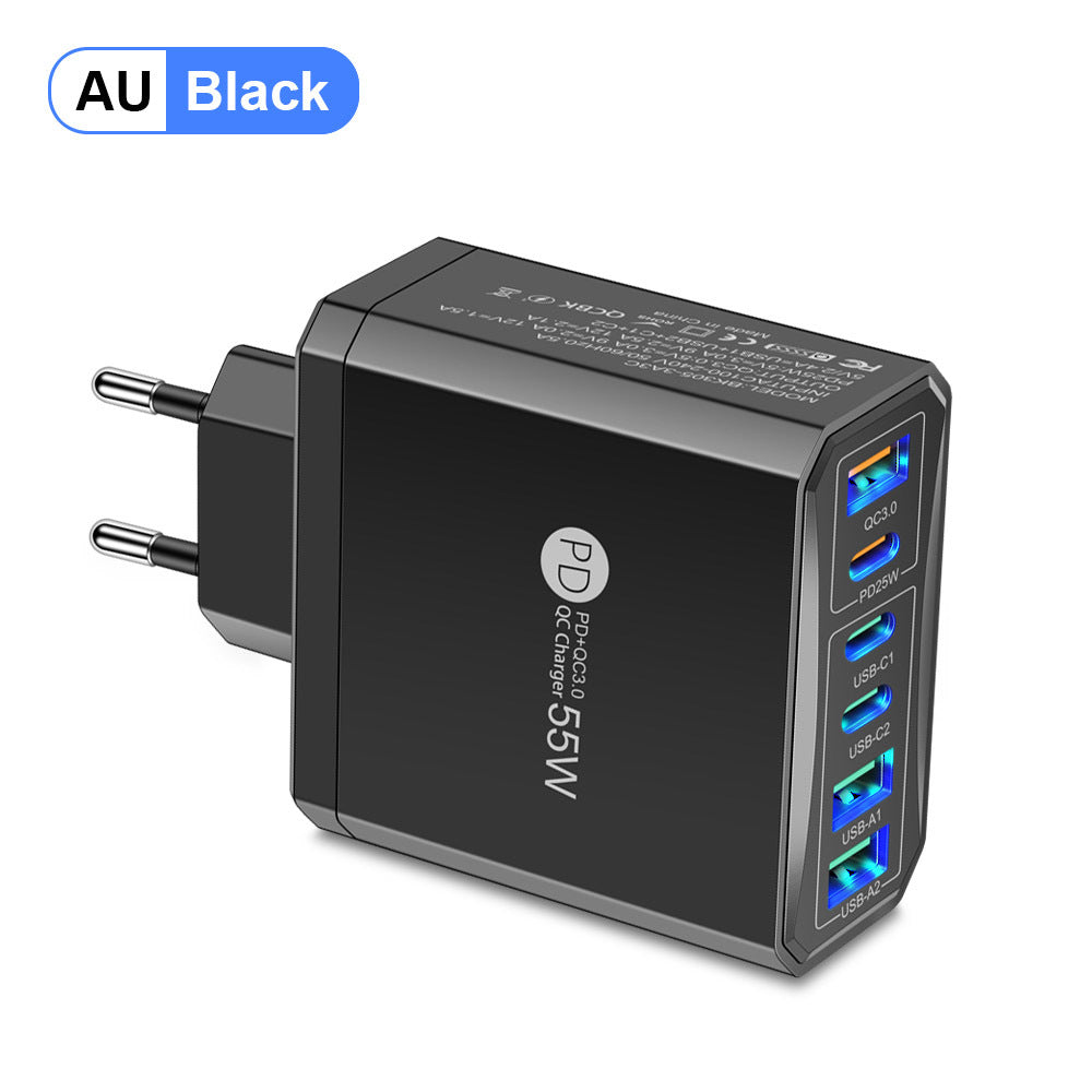 Cargador de teléfono móvil de carga rápida estándar PD55W QC3.0 + PD25W 3PD + 3USB cabezal de carga de viaje