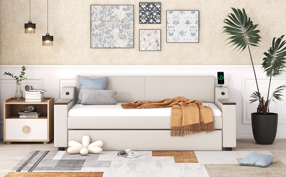 Twin Size Upholstery Daybed with Storage Arms Trundle and USB Design Beige