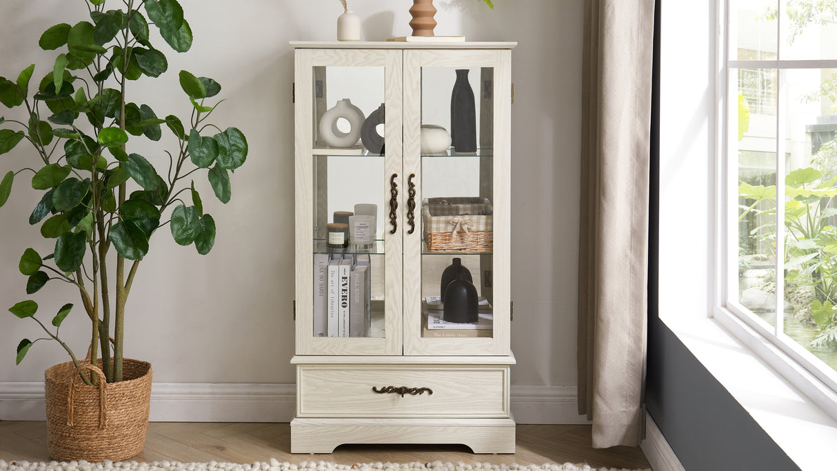 Light colored glass cabinet Curio display cabinet with adjustable glass frame, 2 doors and 1 drawer, including white light bulbs - V.I.P Digital Presence