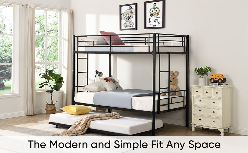 Twin bunk bed frame with trailer, metal bunk bed with sturdy guardrail and side ladder, can be divided into two beds, black - V.I.P Digital Presence