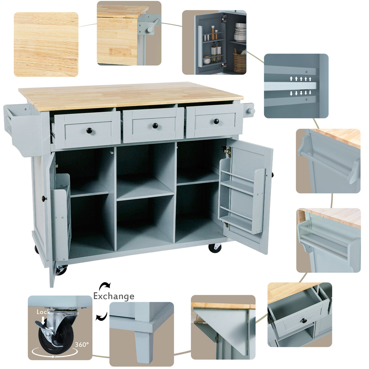 Kitchen handcart with rubber wood leaf countertop, storage cabinet, shelf, and 3 dining room drawers, gray blue - V.I.P Digital Presence