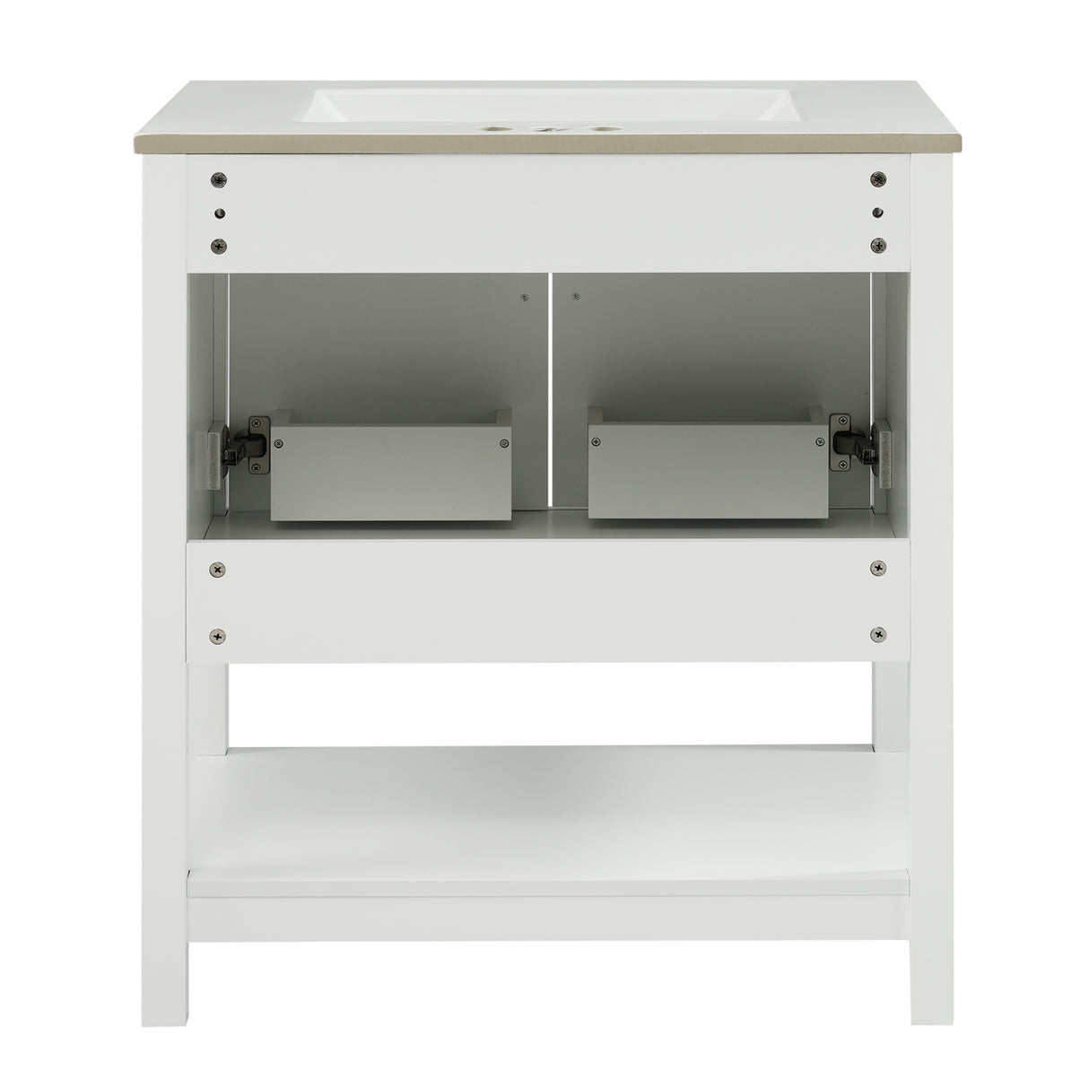 30-Inch White Bathroom Vanity with Ceramic Sink and Versatile Storage - Ideal for Small Bathrooms - V.I.P Digital Presence