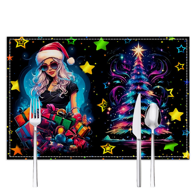 Christmas table mat with white linen starry sky and Santa Claus print - V.I.P Digital Presence