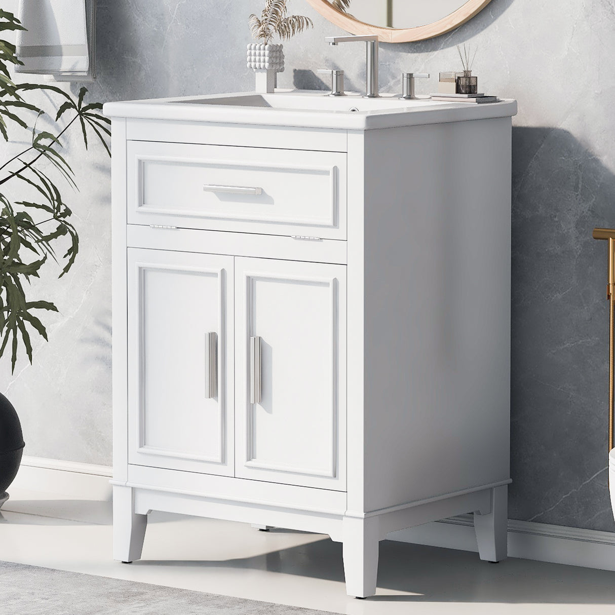 24" Bathroom Vanity with Sink, Bathroom Vanity Cabinet with One Flip Drawer and Doors, Solid Wood and MDF, White - V.I.P Digital Presence