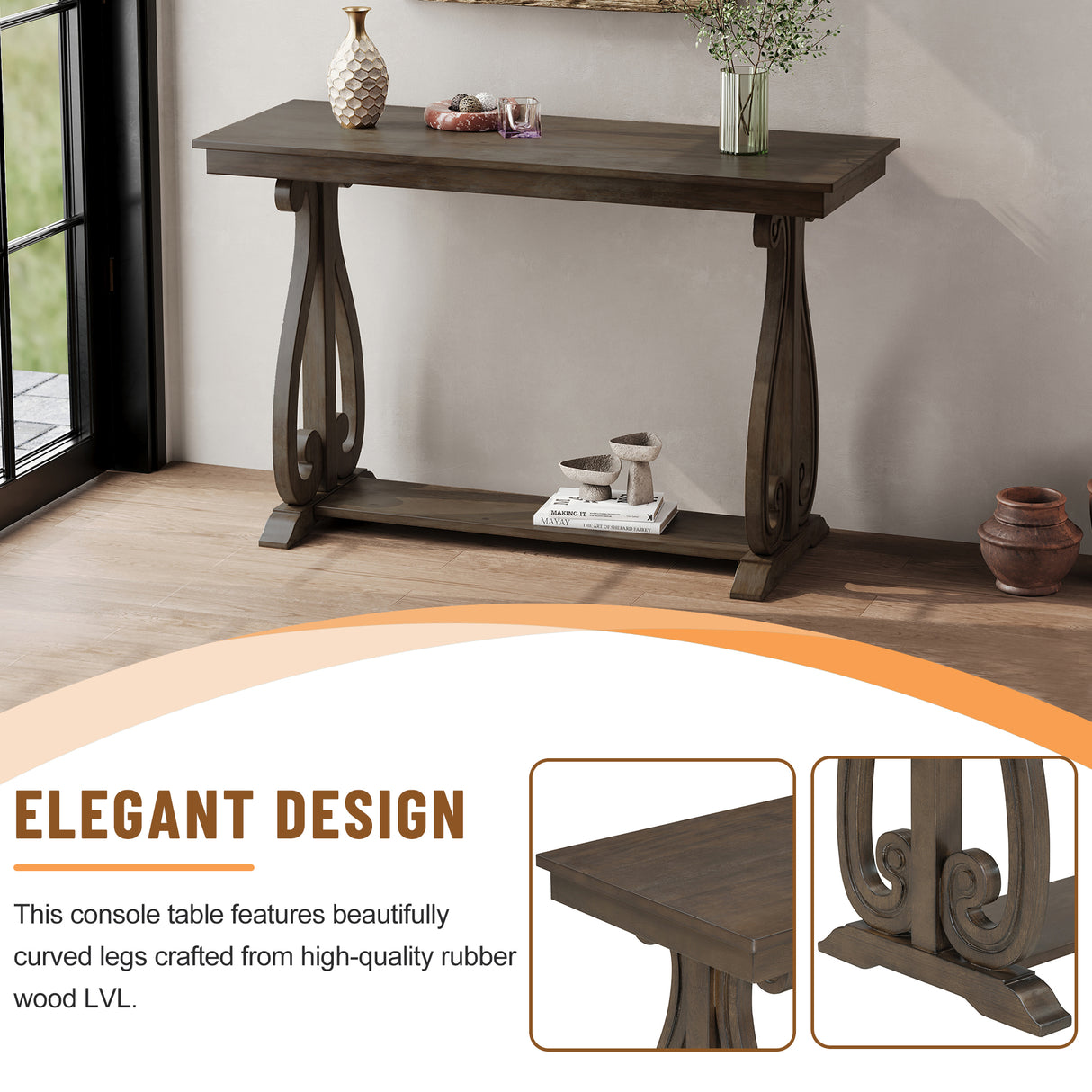 48-Inch Rustic Vintage Console Table --- Farmhouse Style Entryway Table with Open Shelf and Sturdy Construction (Walnut) - V.I.P Digital Presence
