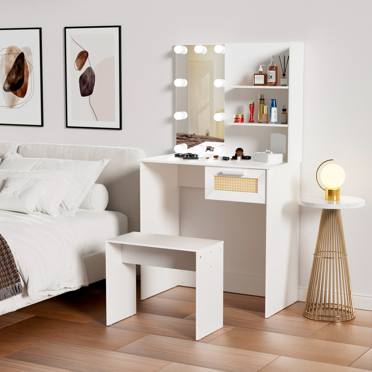 Vanity Desk Set Stool & Dressing Table with LED Lighting Mirror Drawer and Wood Cosmetic Table Chest of Drawers White Color - V.I.P Digital Presence