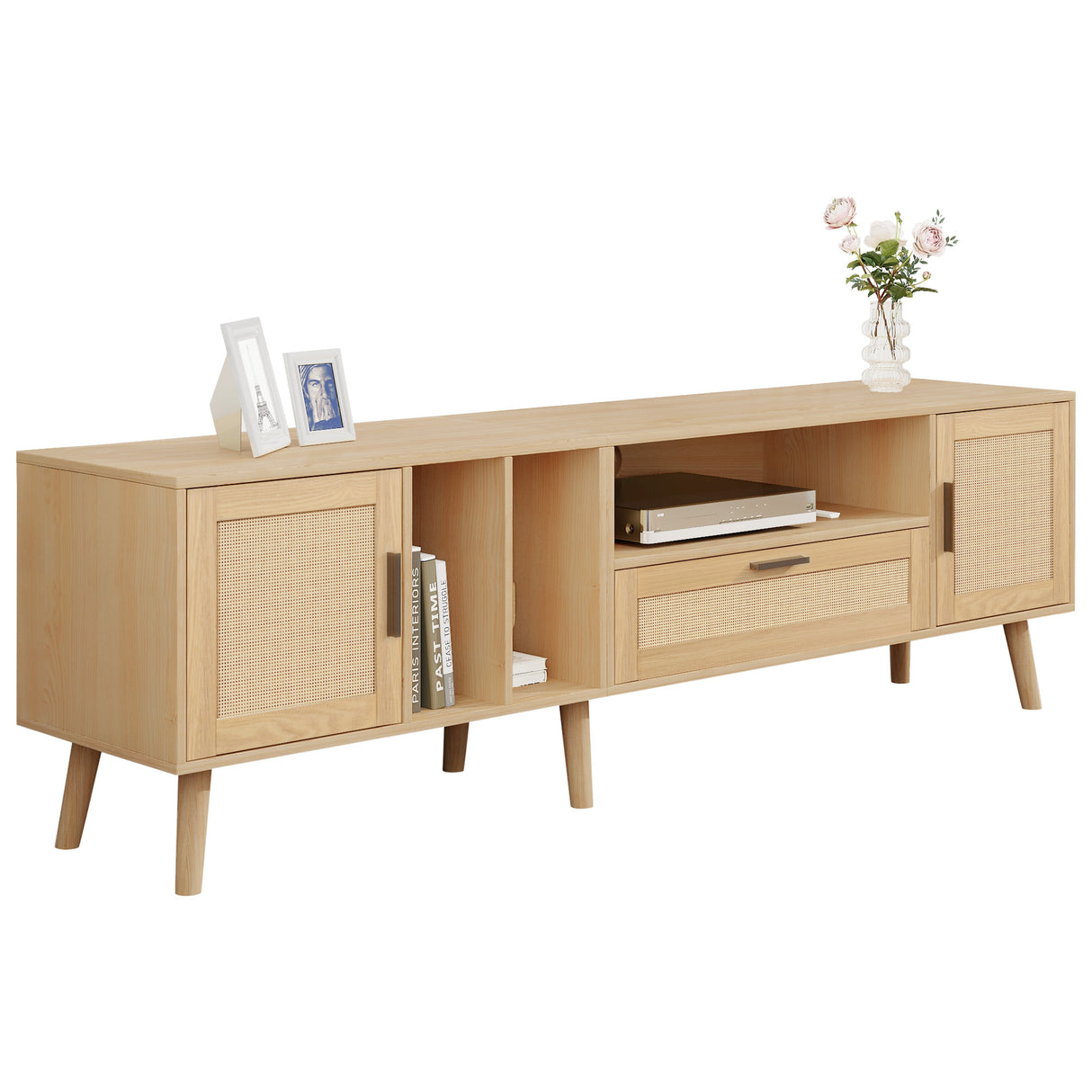 Vine TV stand with 2 cabinets and 2 open shelves, suitable for TVs under 80 inches, with solid wood legs for TV cabinets - V.I.P Digital Presence