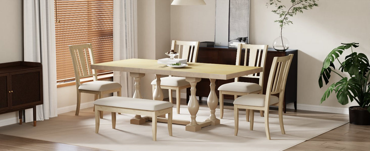 Traditional 6-Piece 78inch Trestle Extendable Dining Table Set with One 18inch Removable Leaf Padded Dining Chairs Bench,Natural - V.I.P Digital Presence