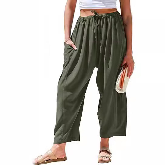 European and American women's elastic waisted pleated high waisted wide leg loose Haren cotton linen pants - V.I.P Digital Presence