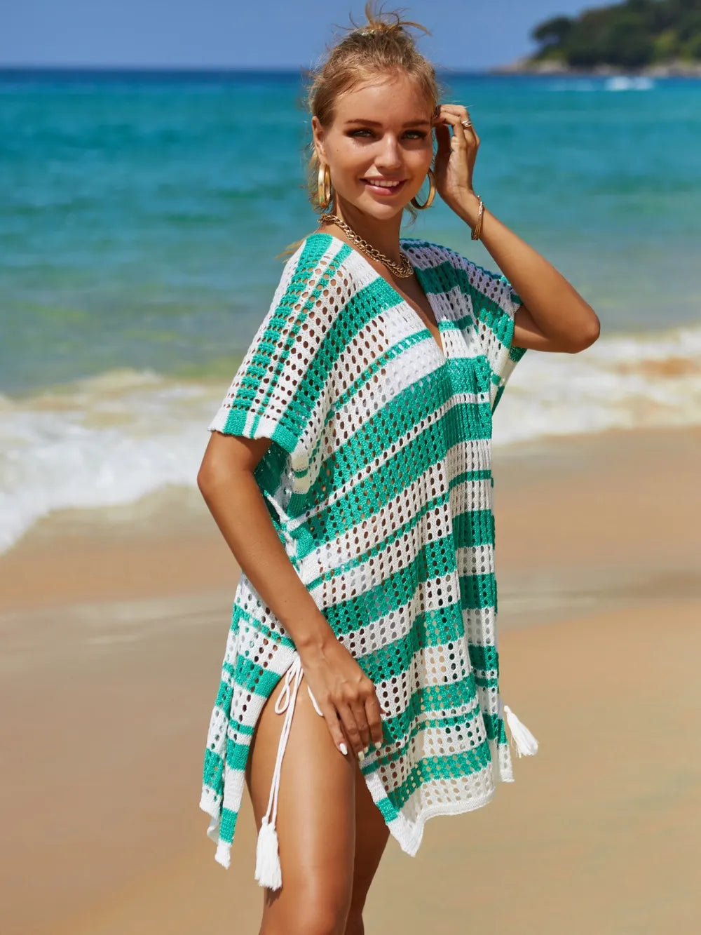 Tassel Openwork Striped V-Neck Cover Up - V.I.P Digital Presence