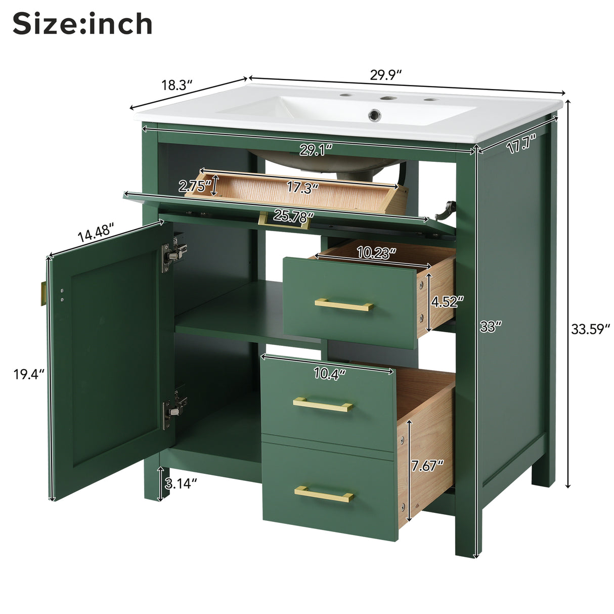 30-Inch Green Bathroom Vanity with Ceramic Sink and Ample Storage - Ideal Choice for Small Bathrooms - V.I.P Digital Presence