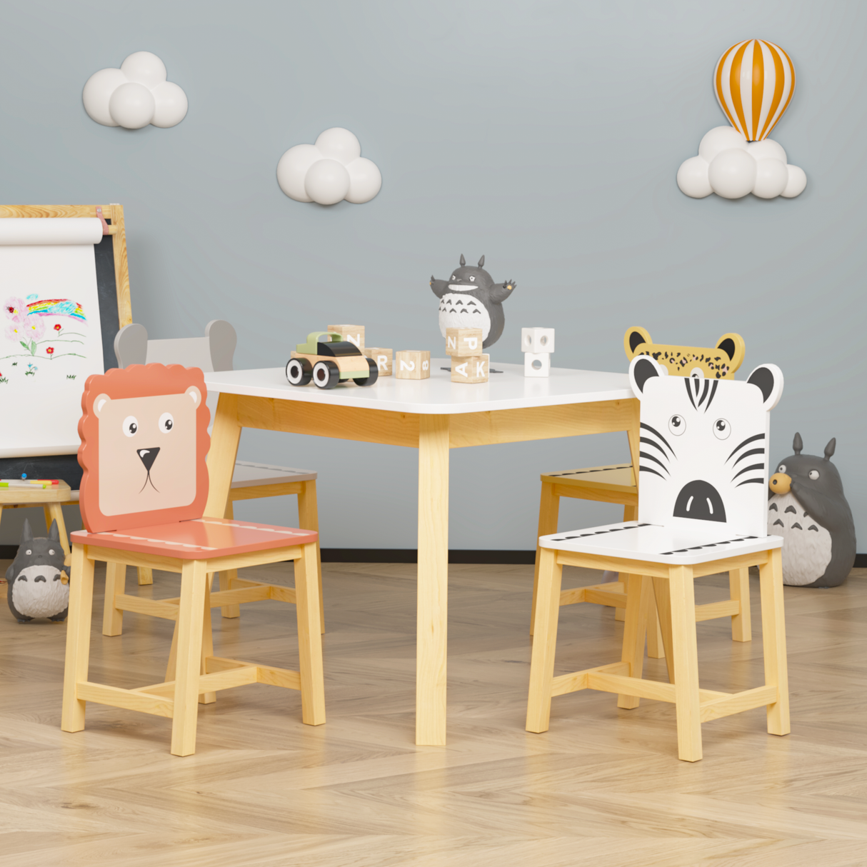 5 Piece Kiddy Table and Chair Set Kids Wood Table with 4 Chairs Set Cartoon Animals (bigger table) (3-8 years old) - V.I.P Digital Presence