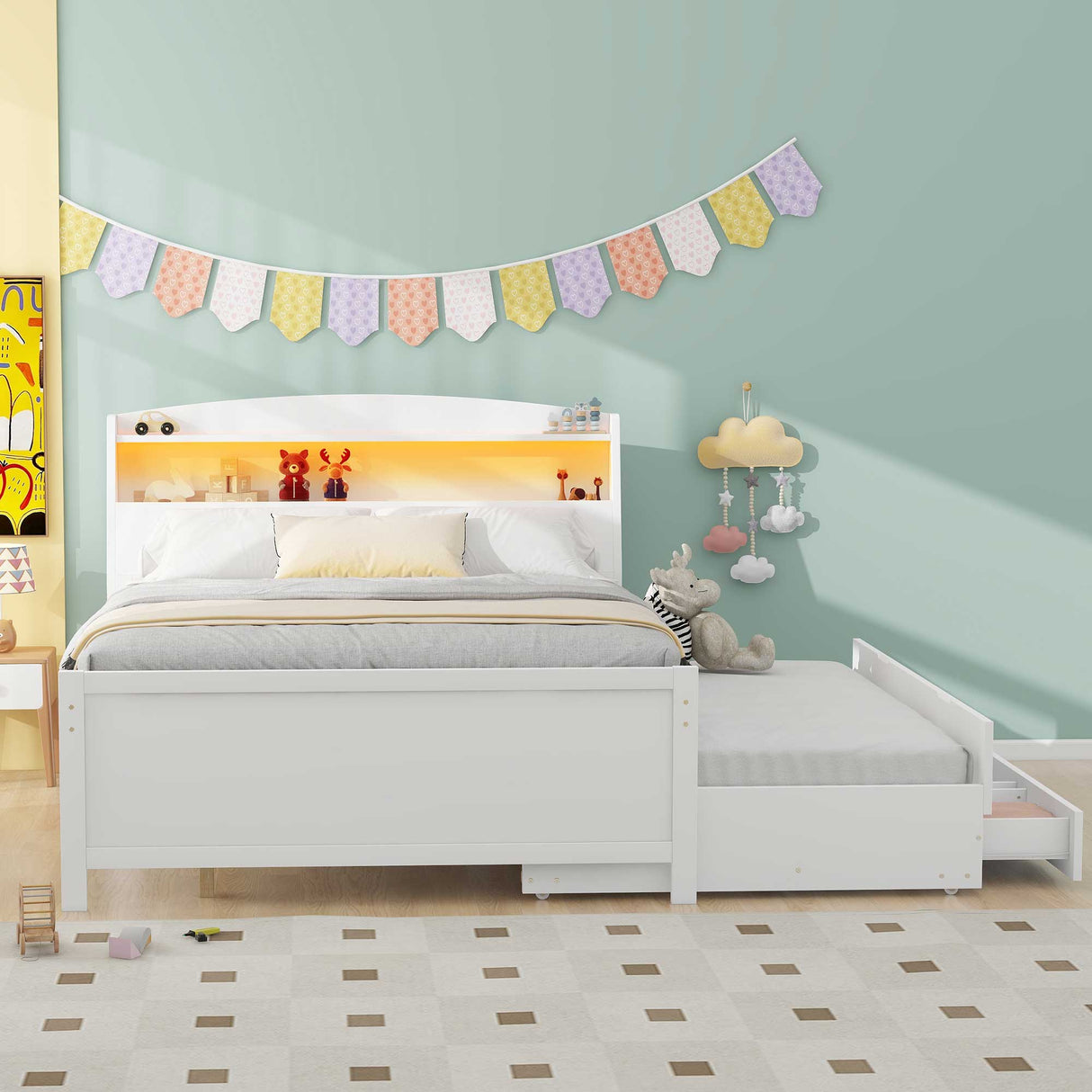 Full Size Platform Bed with Storage LED Headboard Twin Size Trundle and 3 Drawers White