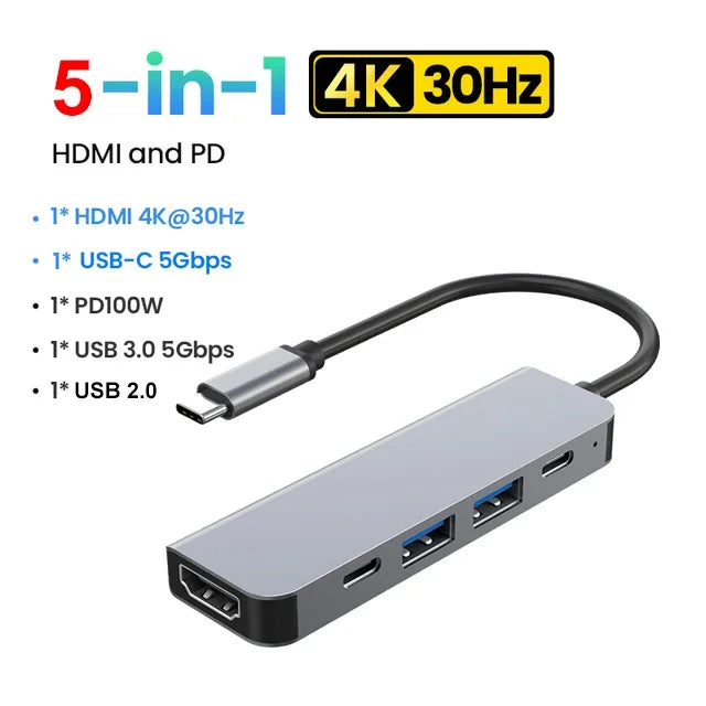 5-in-1 Type-C to HDMI Adapter USB C HUB 4K30Hz PD100W Docking Station USB-C 3.1 Splitter for MacBook iPad Pro Huawei USB 3.0 HUB - V.I.P Digital Presence