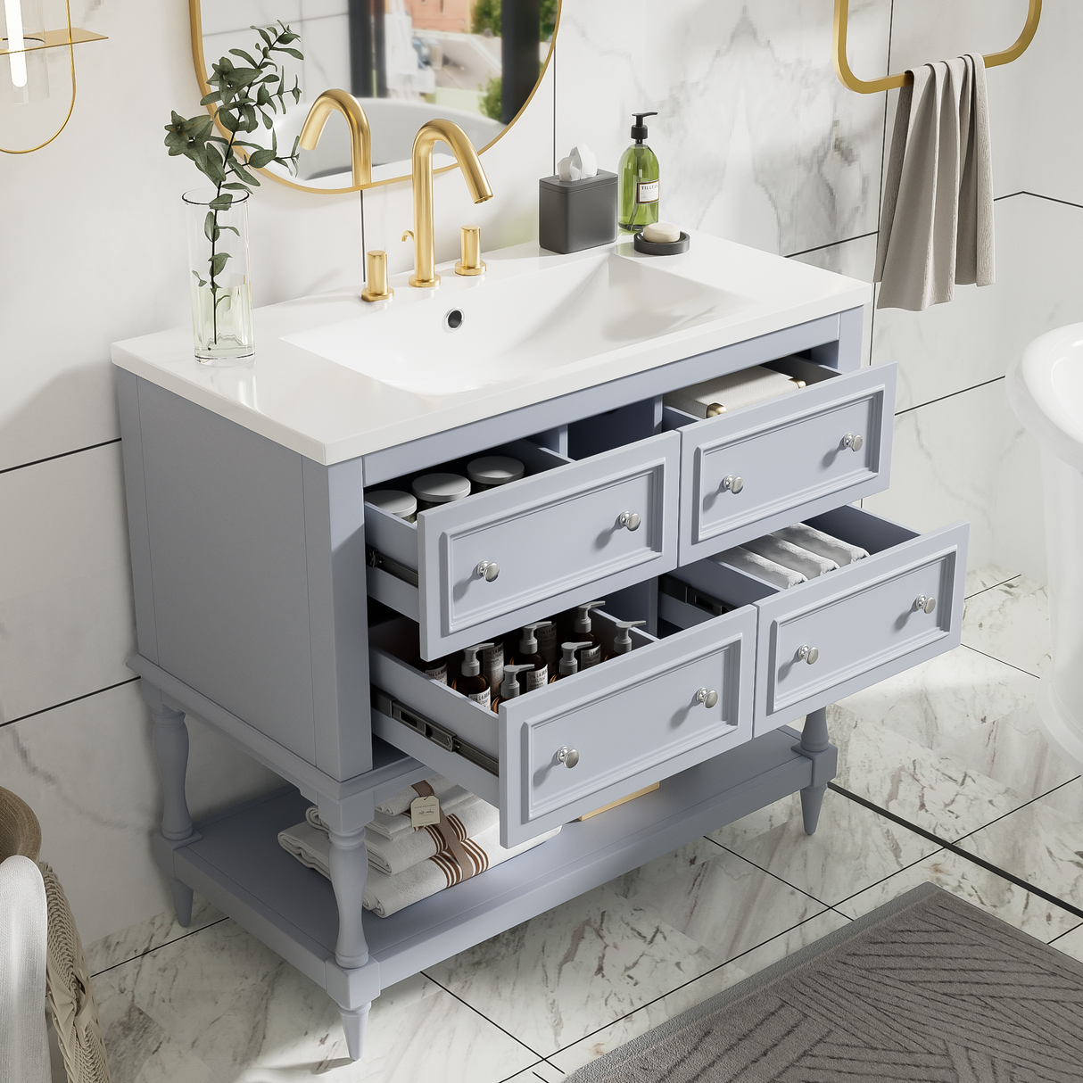 36" Bathroom Vanity Cabinet with Sink Combo Set, Undermount Resin Sink, Free Standing Vanity Set with 4 Drawers Blue - V.I.P Digital Presence
