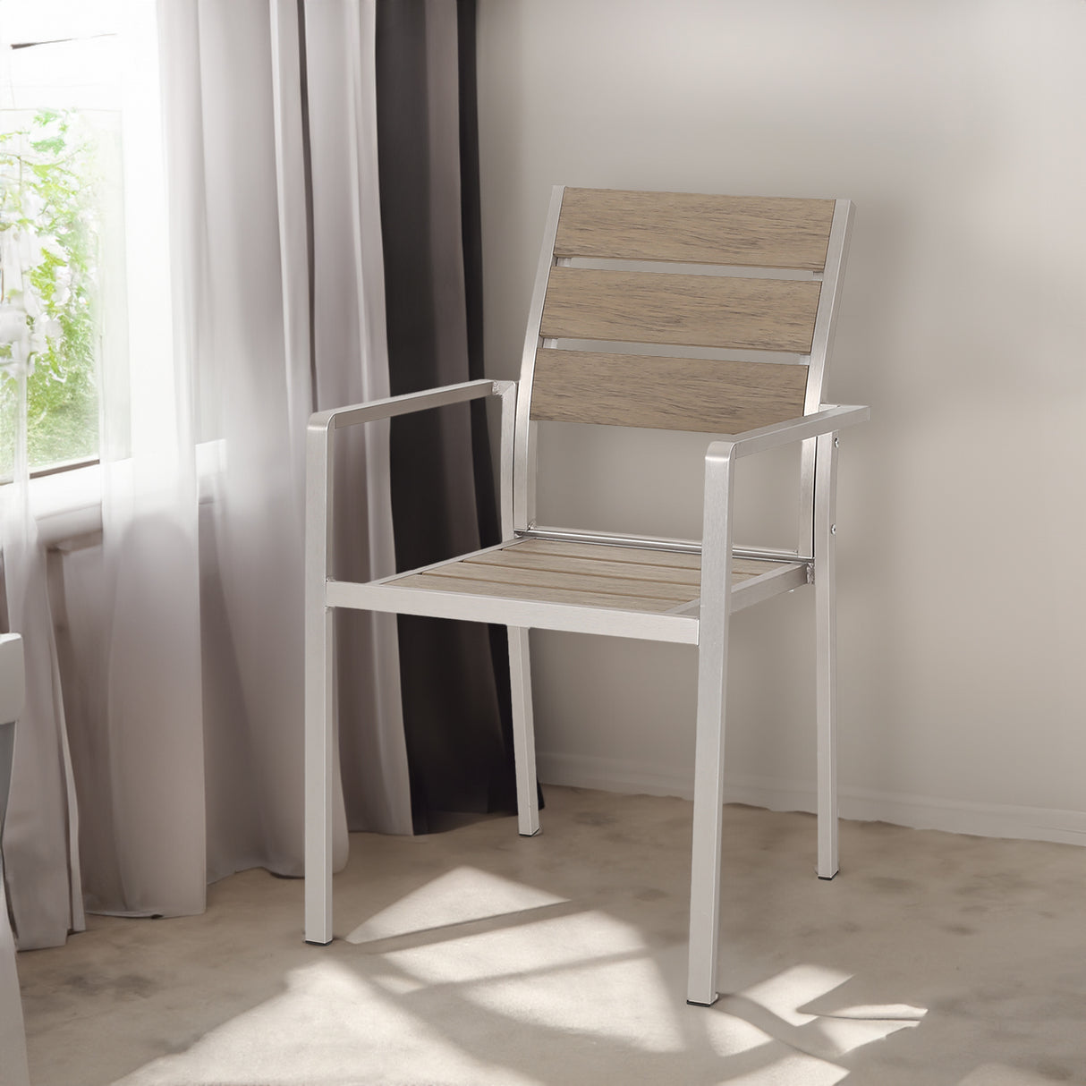 Outdoor Modern Aluminum Dining Chair with Faux Wood Seat (Set of 2), Natural and Silver - V.I.P Digital Presence