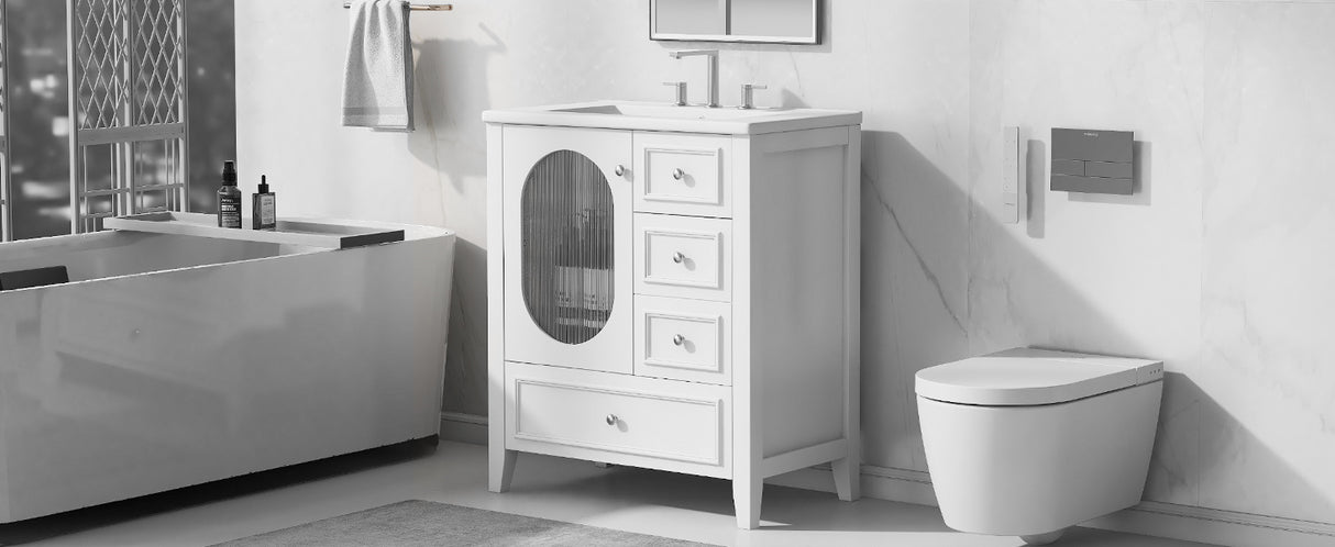 30" Bathroom Vanity with Sink, Bathroom Vanity Cabinet with Three Drawers and Door, Solid Wood and MDF, White - V.I.P Digital Presence