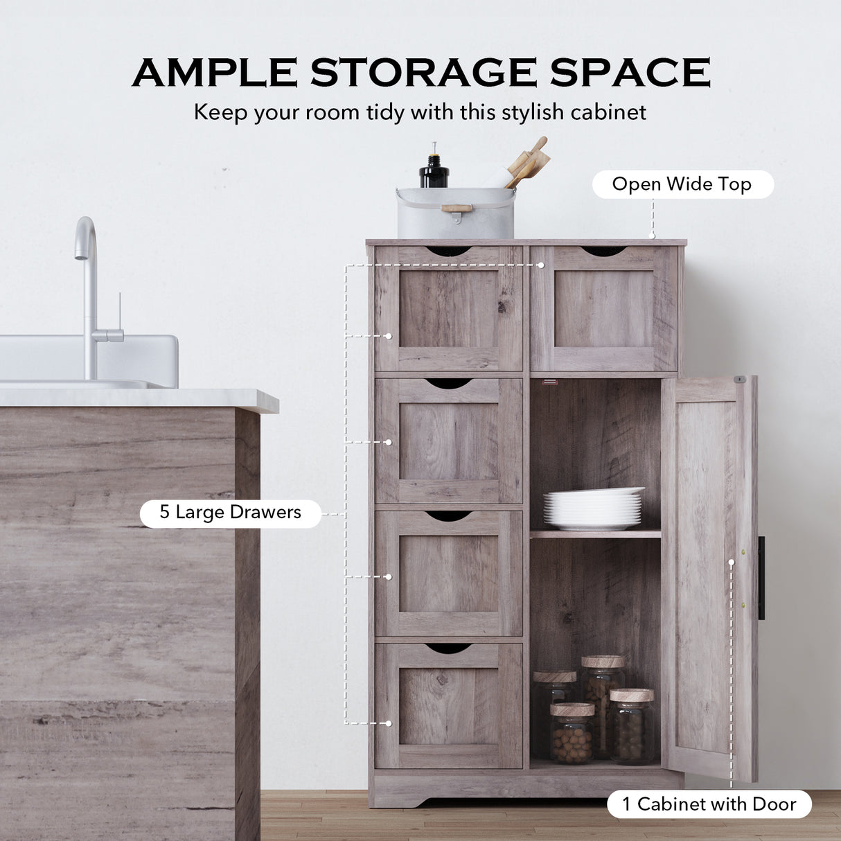 Bathroom Storage Cabinet with Storage 5 Drawers and 1 Door, Entryway Cabinet with Adjustable Shelf Grey - V.I.P Digital Presence
