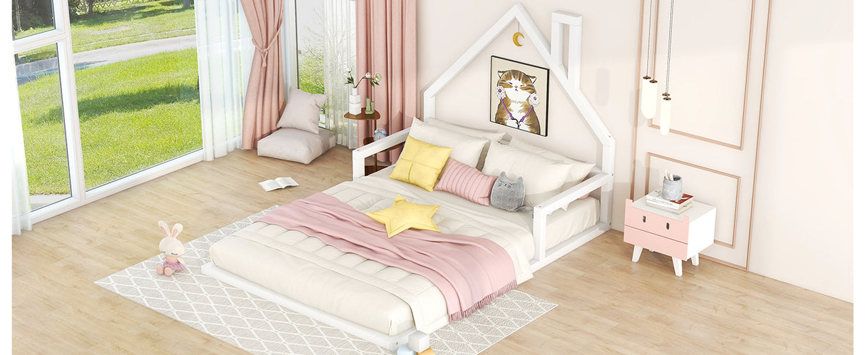 Full Size Wood Floor Bed with House-shaped Headboard White