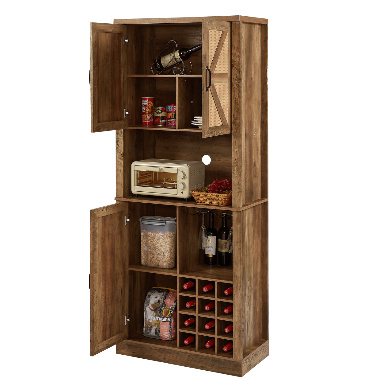 76-Inch Tall Rustic Oak Color Farmhouse Kitchen Faux Rattan Wine Cabinet, Kitchen Bar Cabinet with Square Compartments - V.I.P Digital Presence