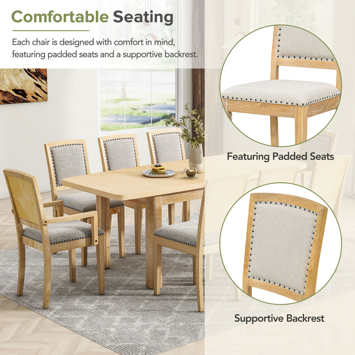 TOPMAX expandable 84 inch dining table set with 24 inch detachable leaves, 6 armless chairs and 2 armchairs 9 pieces natural