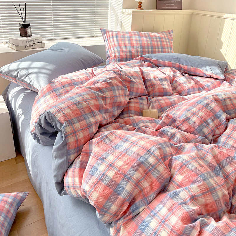 Juego de ropa de cama de algodón lavado teñido de algodón puro de clase A, sábana plana, funda de edredón, sábana ajustable, funda de edredón, juego de tres piezas a rayas
