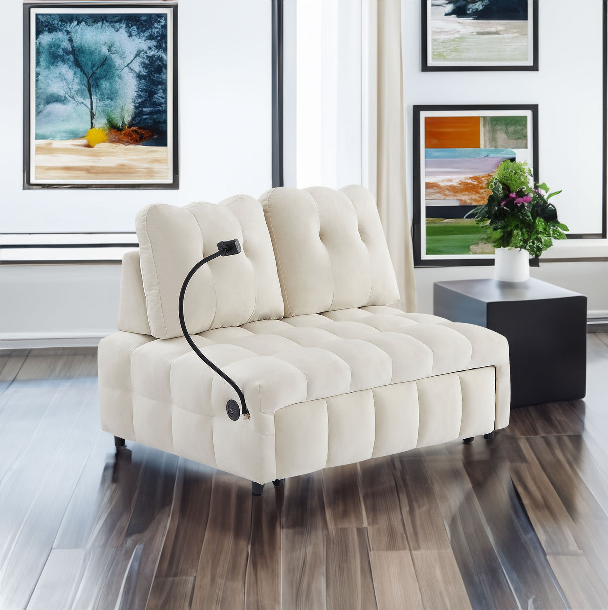Modern sofa velvet pull-out bed,Independently removable backrest, have USB port and swivel phone stand ,beige - V.I.P Digital Presence
