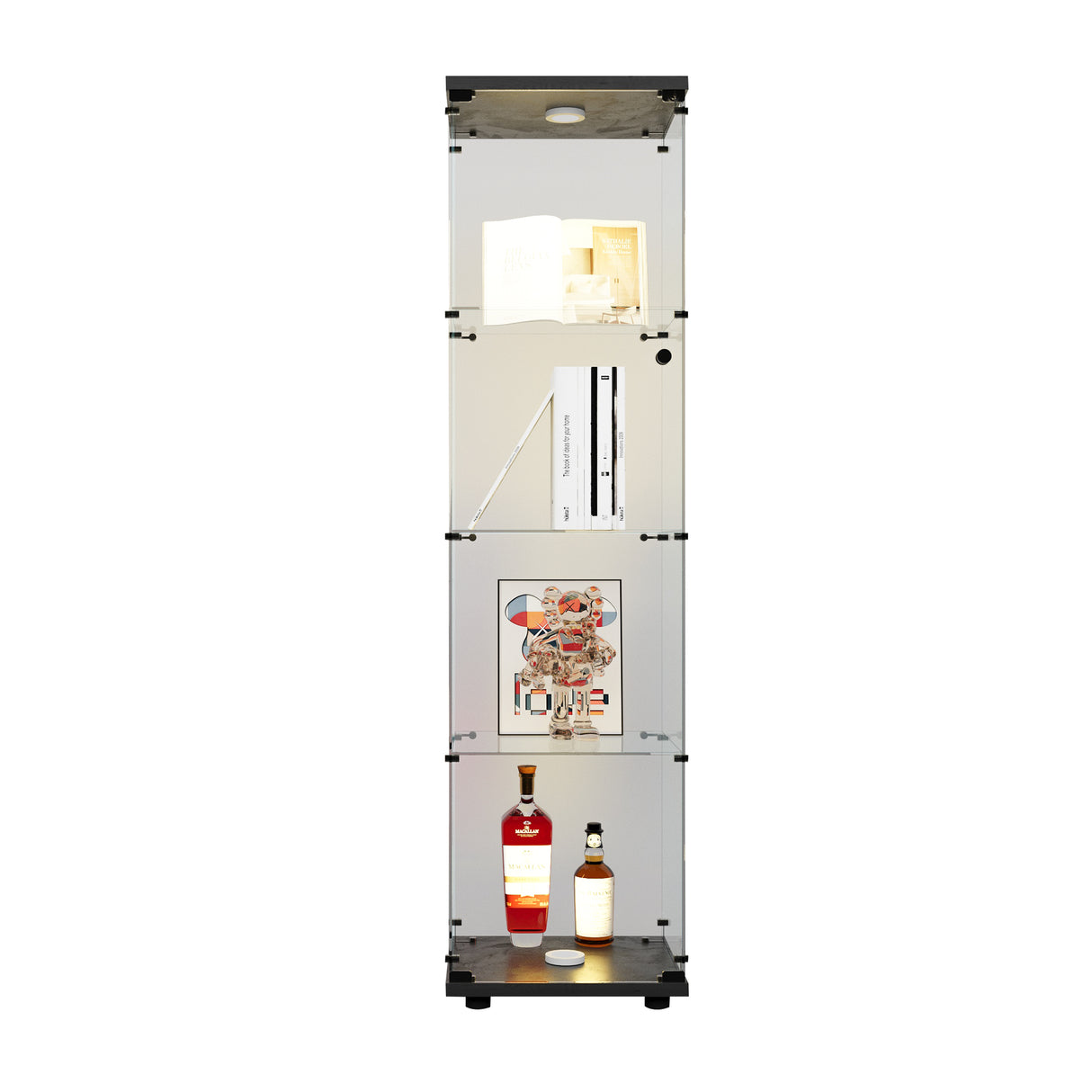 4 LED light glass display cabinets with door shelves, floor standing antique bookshelf, 64.7 "* 16.7" * 14.3 ", black - V.I.P Digital Presence
