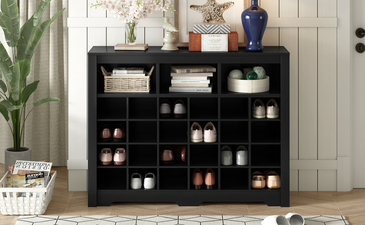 ONTREND Sleek Design 24 shoe cabinet, modern shoe cabinet with curved base, high-quality multifunctional side panel, black - V.I.P Digital Presence