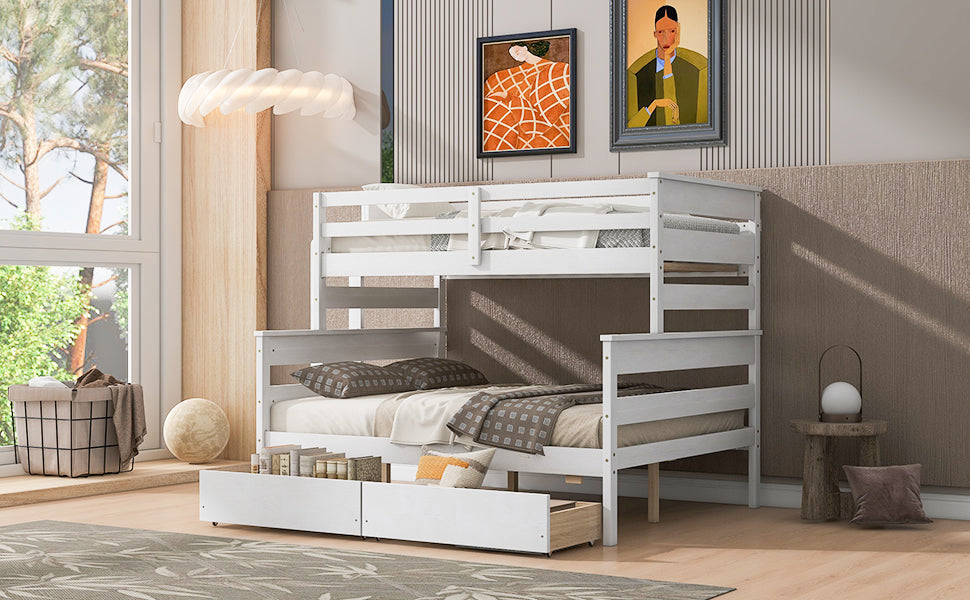 Wood Twin over Full Bunk Bed with 2 Drawers White