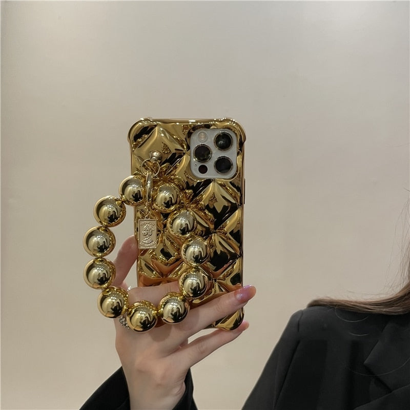 Funda de teléfono suave de lujo con cadena colgante y cuentas redondas chapadas en diamantes para iPhone 14, 13, 11, 12 Pro Max, 7, 8 Plus, X, XR, XS, SE 2020