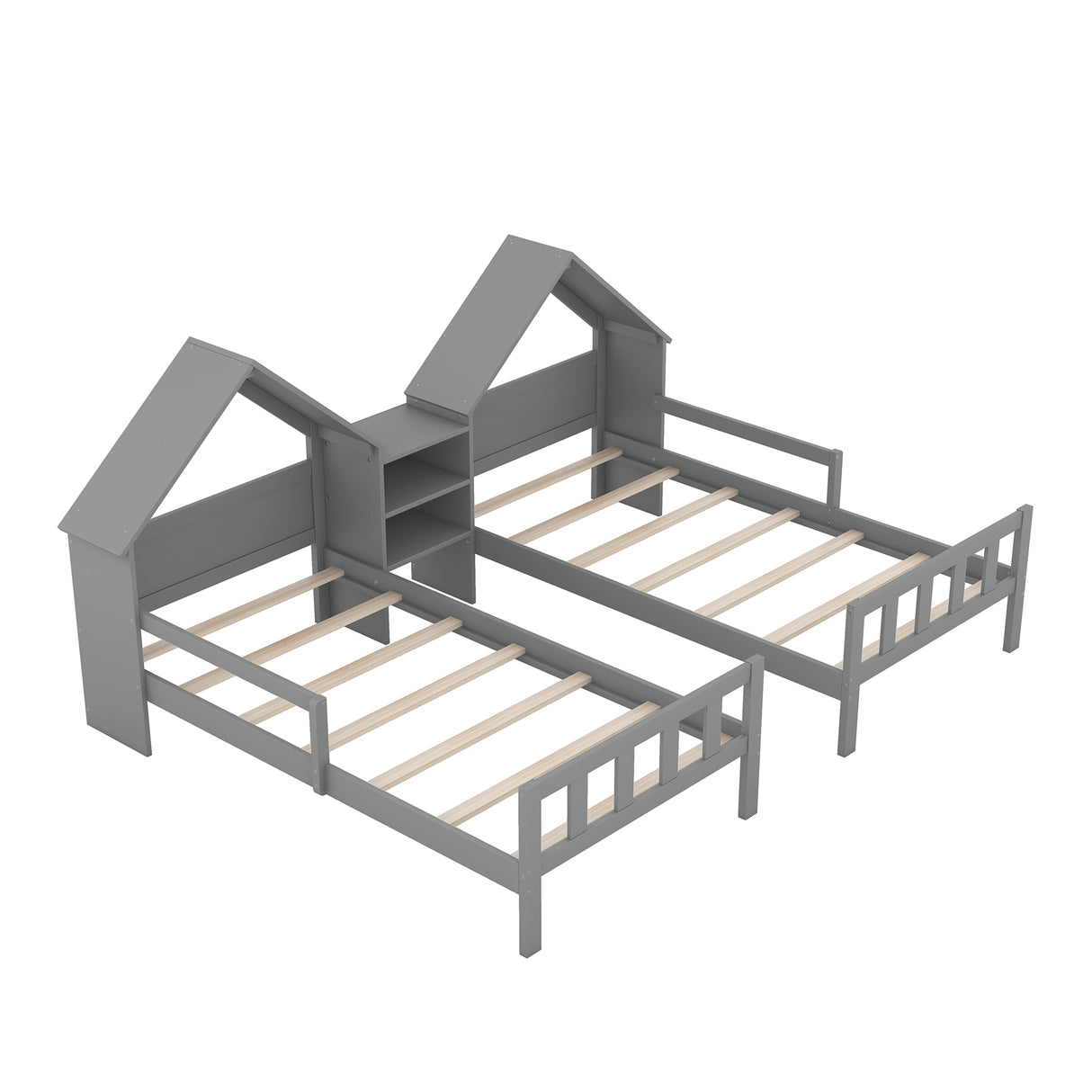 Double Twin Size Platform Bed with House-shaped Headboard and a Built-in Nightstand Grey