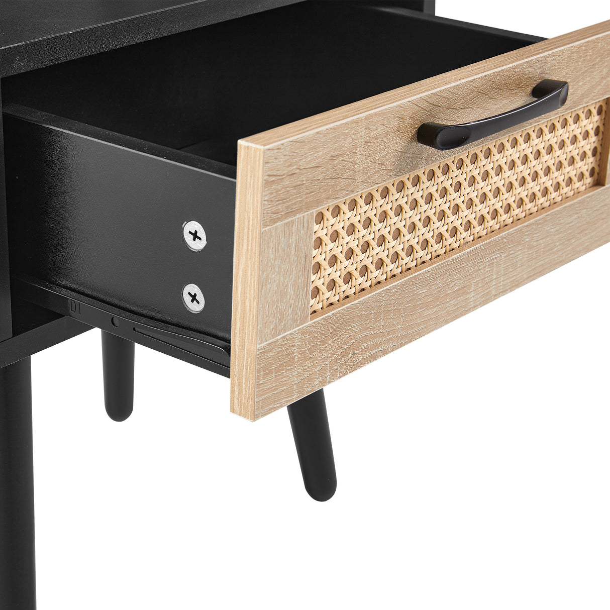 15.75" Rattan End table with drawer and solid wood legs Modern nightstand side table for living room black - V.I.P Digital Presence