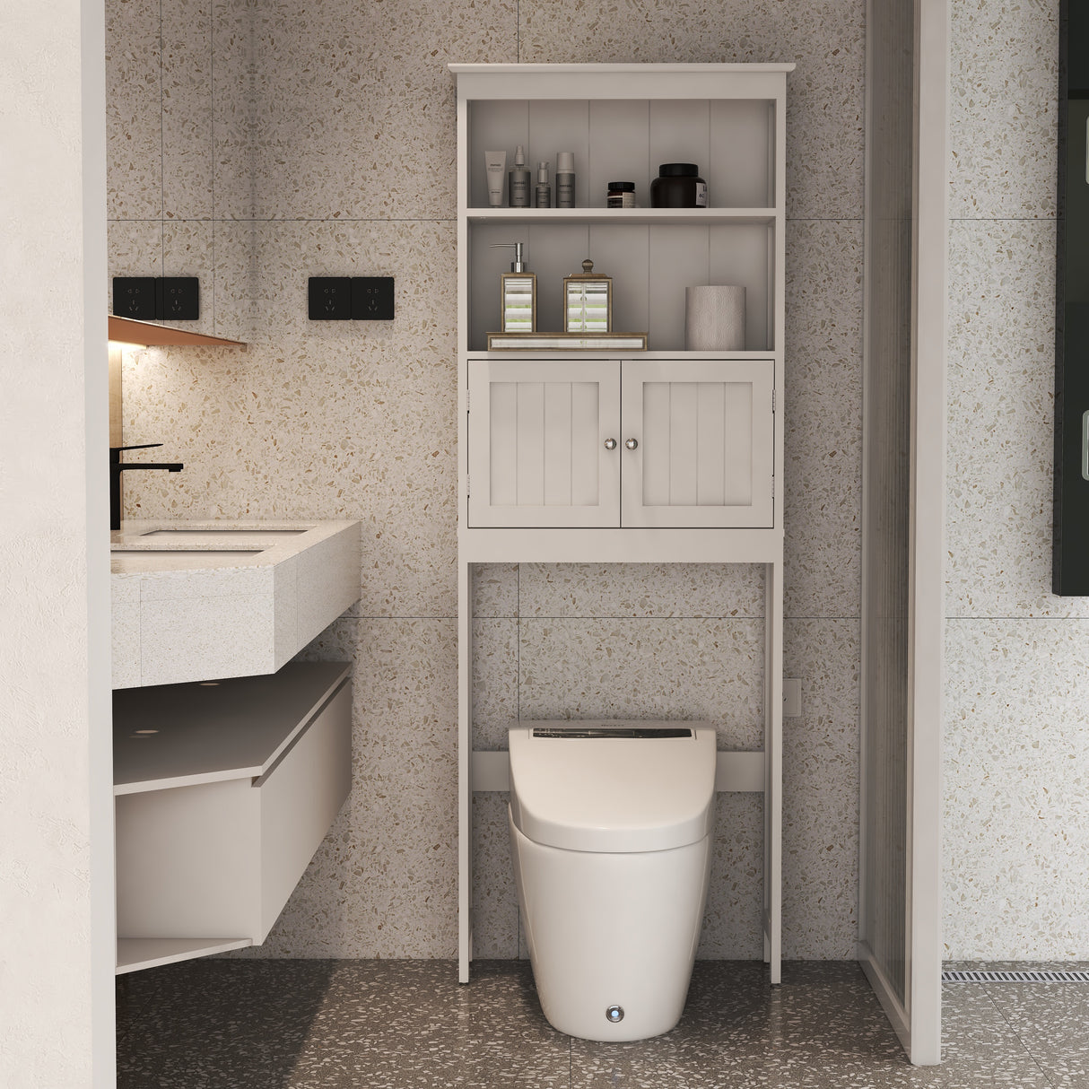 Over The Toilet Rack 2 -Tier Toilet Bathroom Spacesaver Storage Shelf with 2 Doors Wood Storage Organizer Cabinet - V.I.P Digital Presence