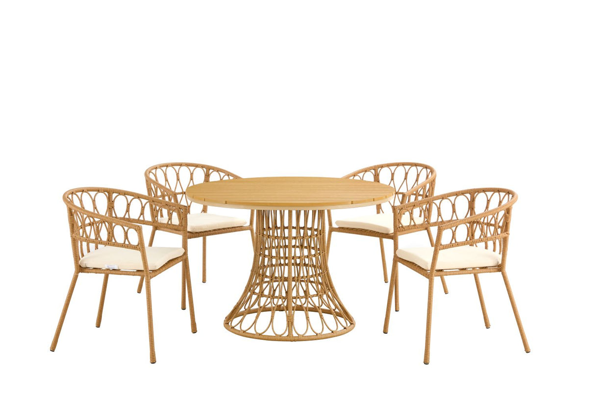 Outdoor dining set of 5 simple bamboo dinning table PE ratten round table 110CM plastic wood top - V.I.P Digital Presence