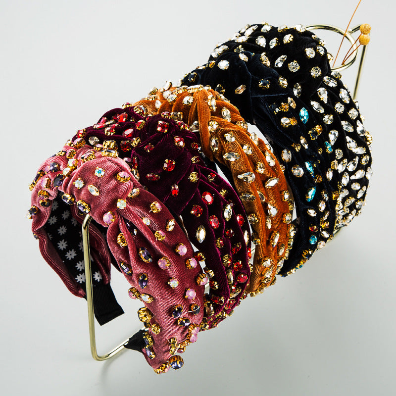 Exaggerated Fashion Hair Bands Female Corduroy Temperament Sweet Hair Ornaments Wide Side Knotted With Diamonds Headband - V.I.P Digital Presence